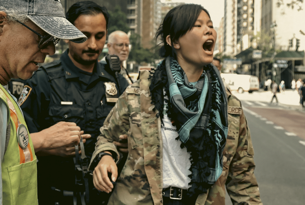 Joy Metzler being arrested as Veterans for Peace concluded their 40 day fast for Gaza with protests at both the Israeli consulate and the US mission to the UN in New York City, on June 1, 2025. (Photo: Alexa Wilkinson/instagram.com/framed.unrest)